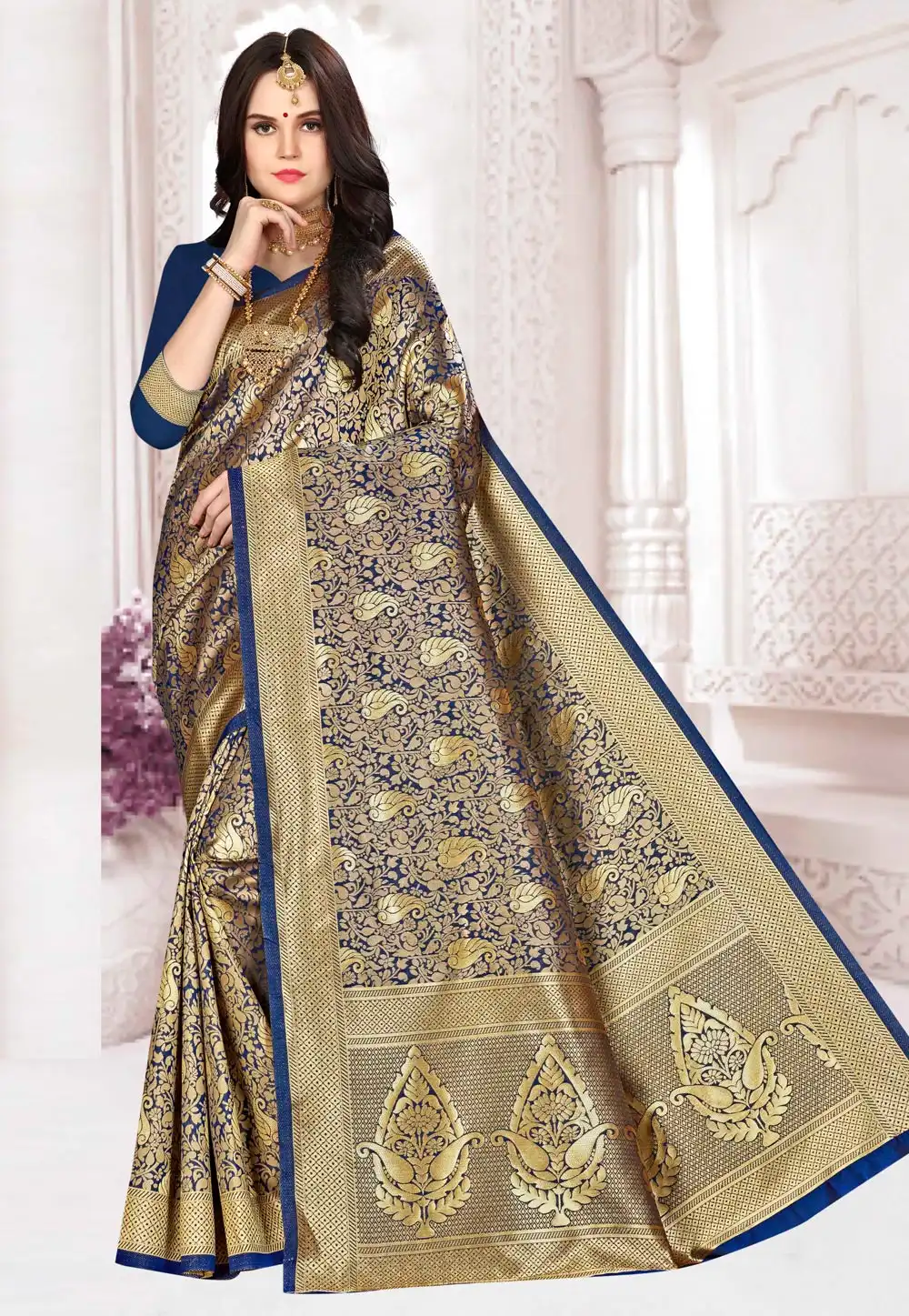 Navy Blue Banarasi Silk Saree With Blouse 220168
