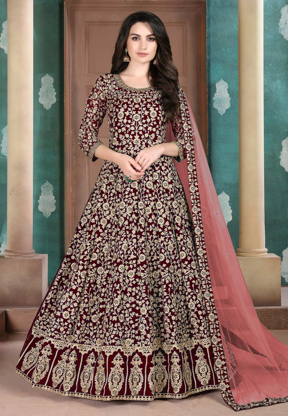 Maroon Faux Georgette Long Anarkali Suit 205522