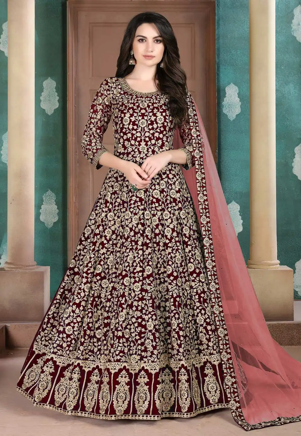 Maroon Faux Georgette Long Anarkali Suit 205522