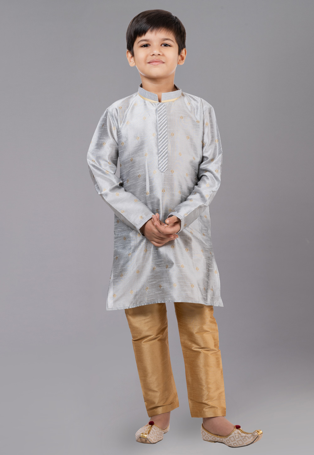 Grey Dupion Silk Readymade Kids Kurta Pajama 260649