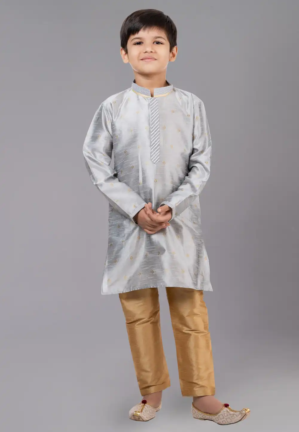 Grey Dupion Silk Readymade Kids Kurta Pajama 260649