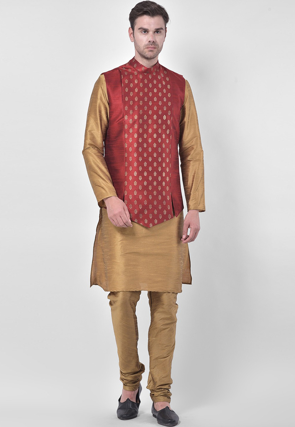 Golden Dupion Silk Kurta Pajama With Jacket 265924