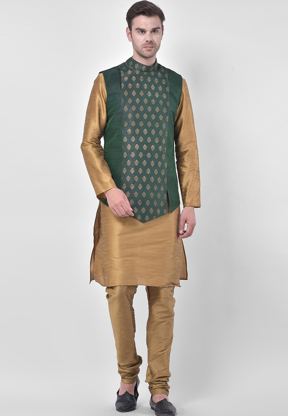 Golden Dupion Silk Kurta Pajama With Jacket 265926
