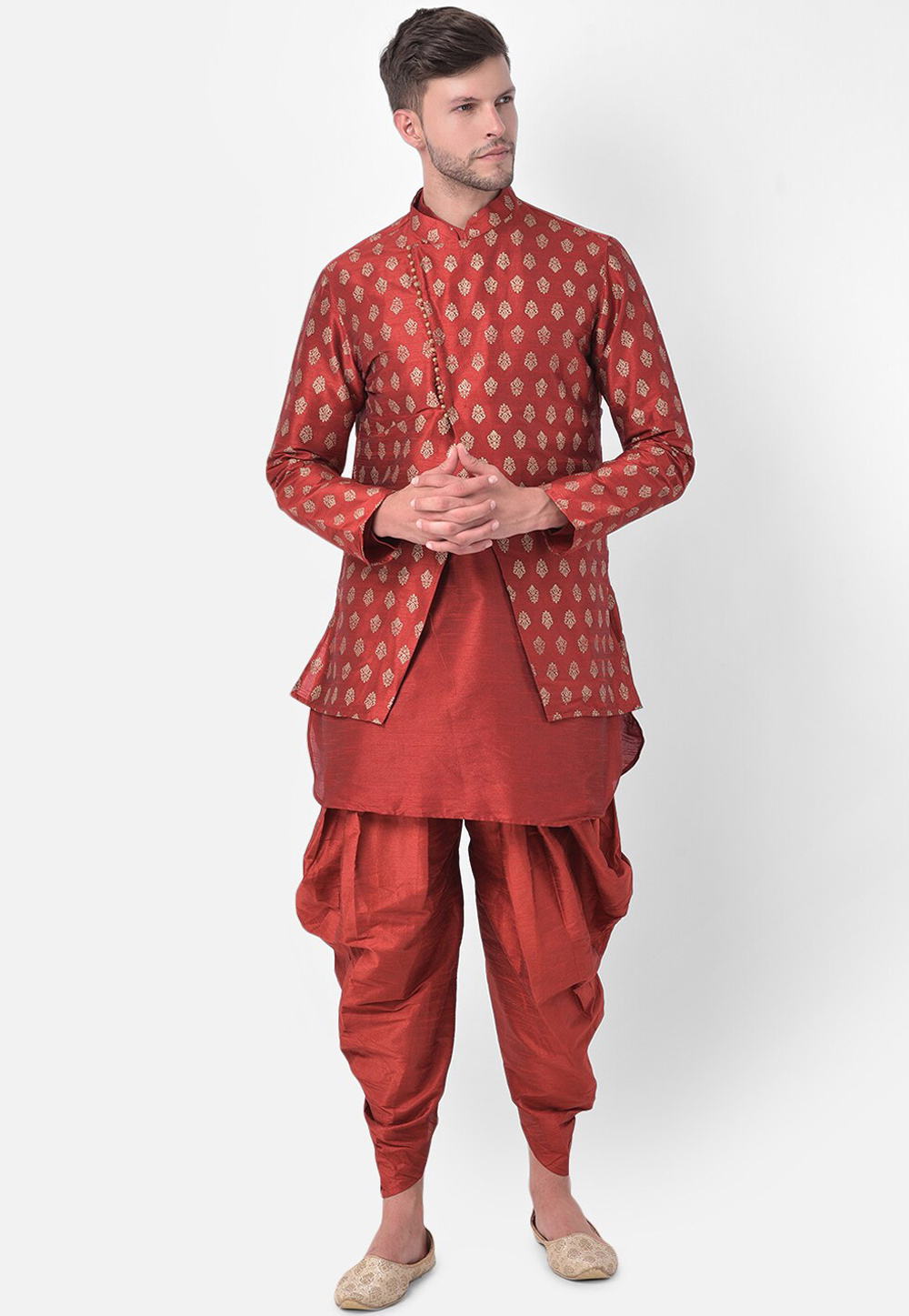 Maroon Dupion Silk Dhoti Kurta  With Jacket 265931
