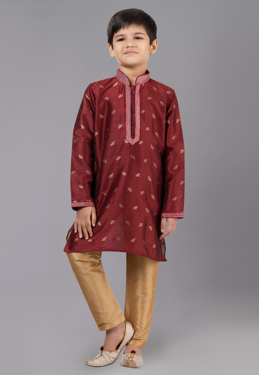 Maroon Dupion Silk Readymade Kids Kurta Pajama 260650