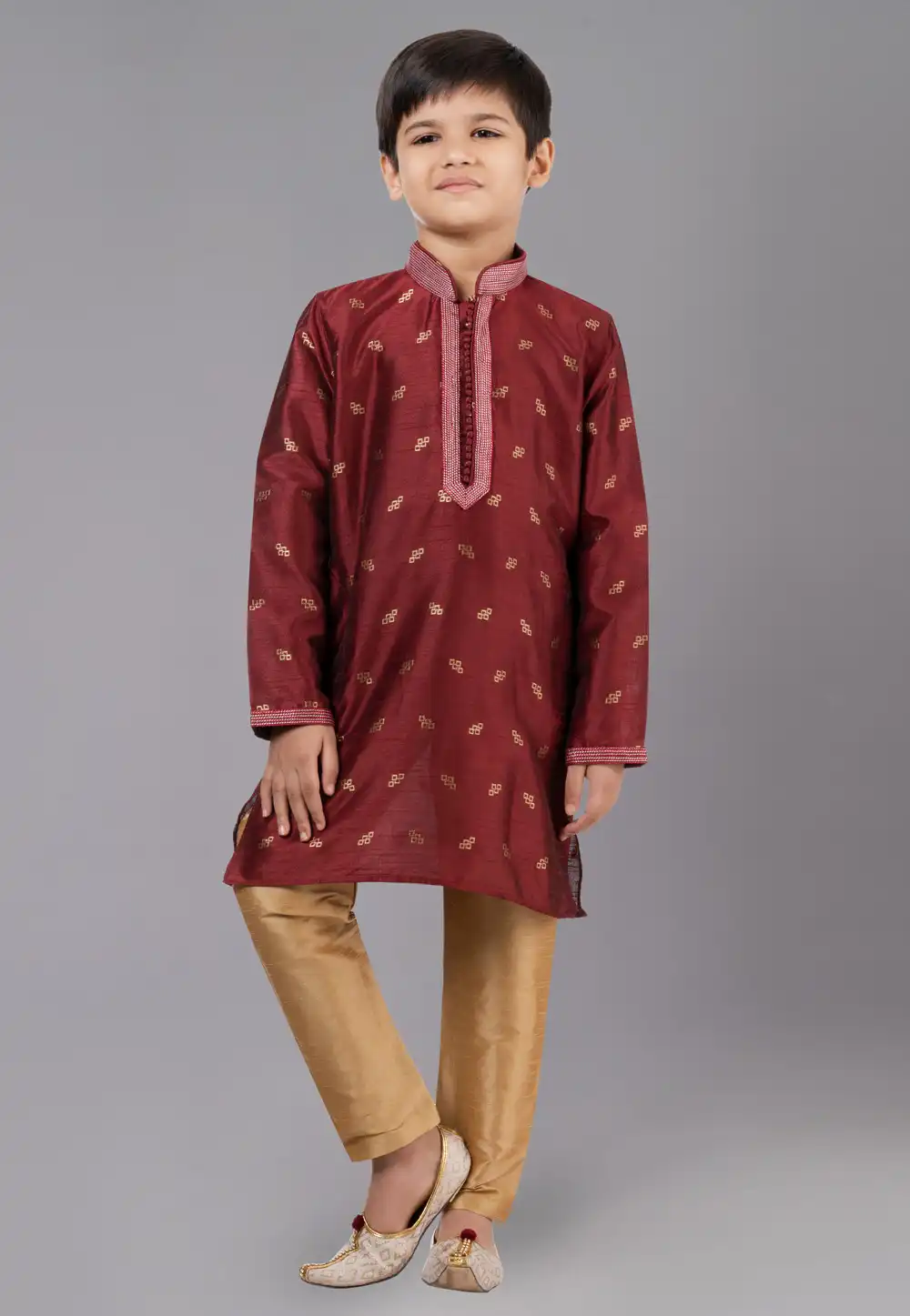Maroon Dupion Silk Readymade Kids Kurta Pajama 260650
