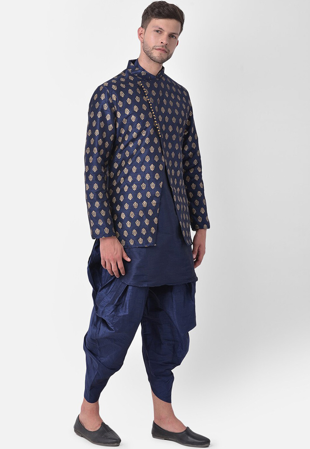 Navy Blue Dupion Silk Dhoti Kurta With Jacket 265934