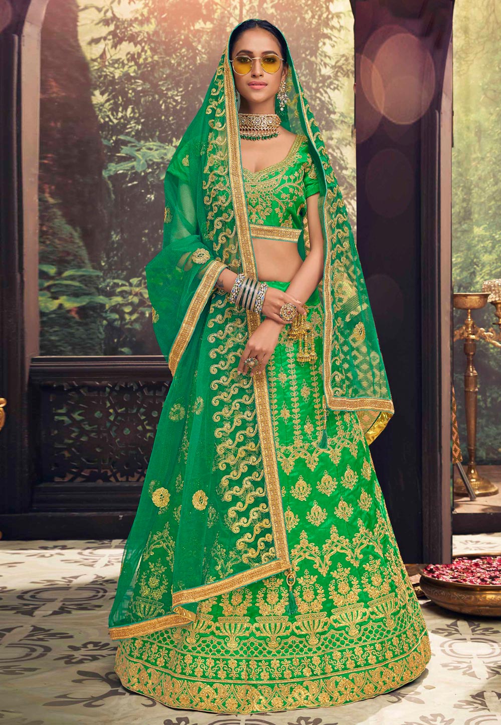 Green Banglori Silk A Line Lehenga Choli 187404
