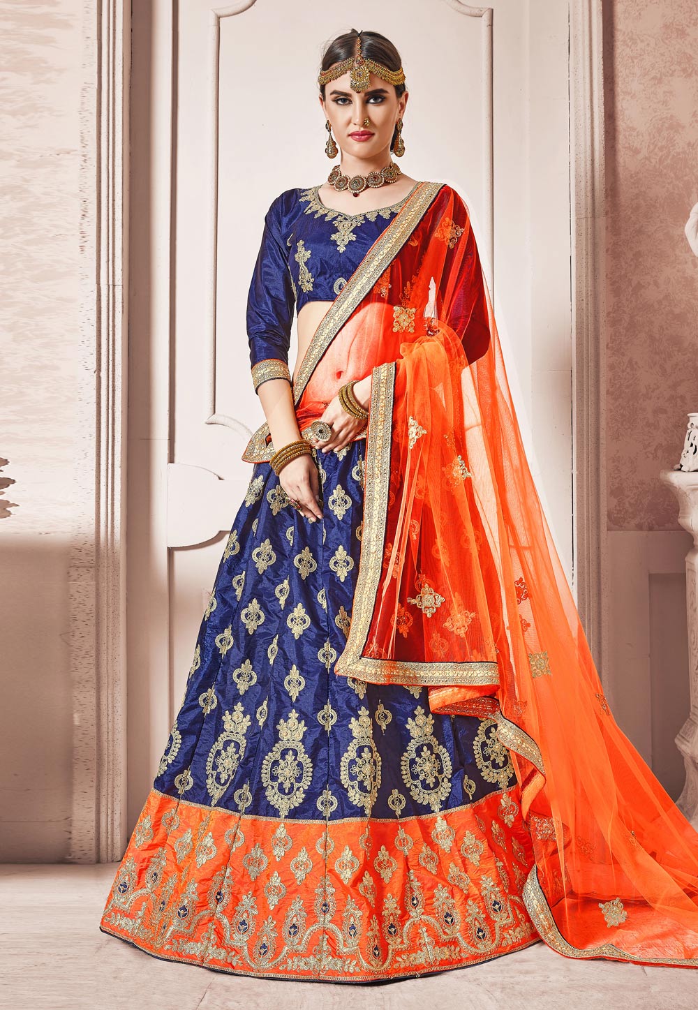 Navy Blue Silk A Line Lehenga Choli 187412