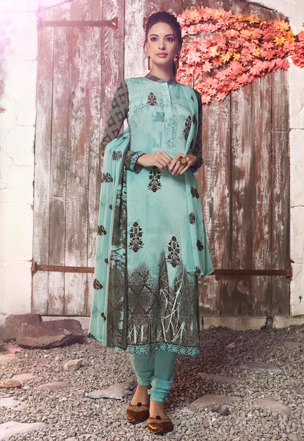 Sea Green Crepe Churidar Suit 187522