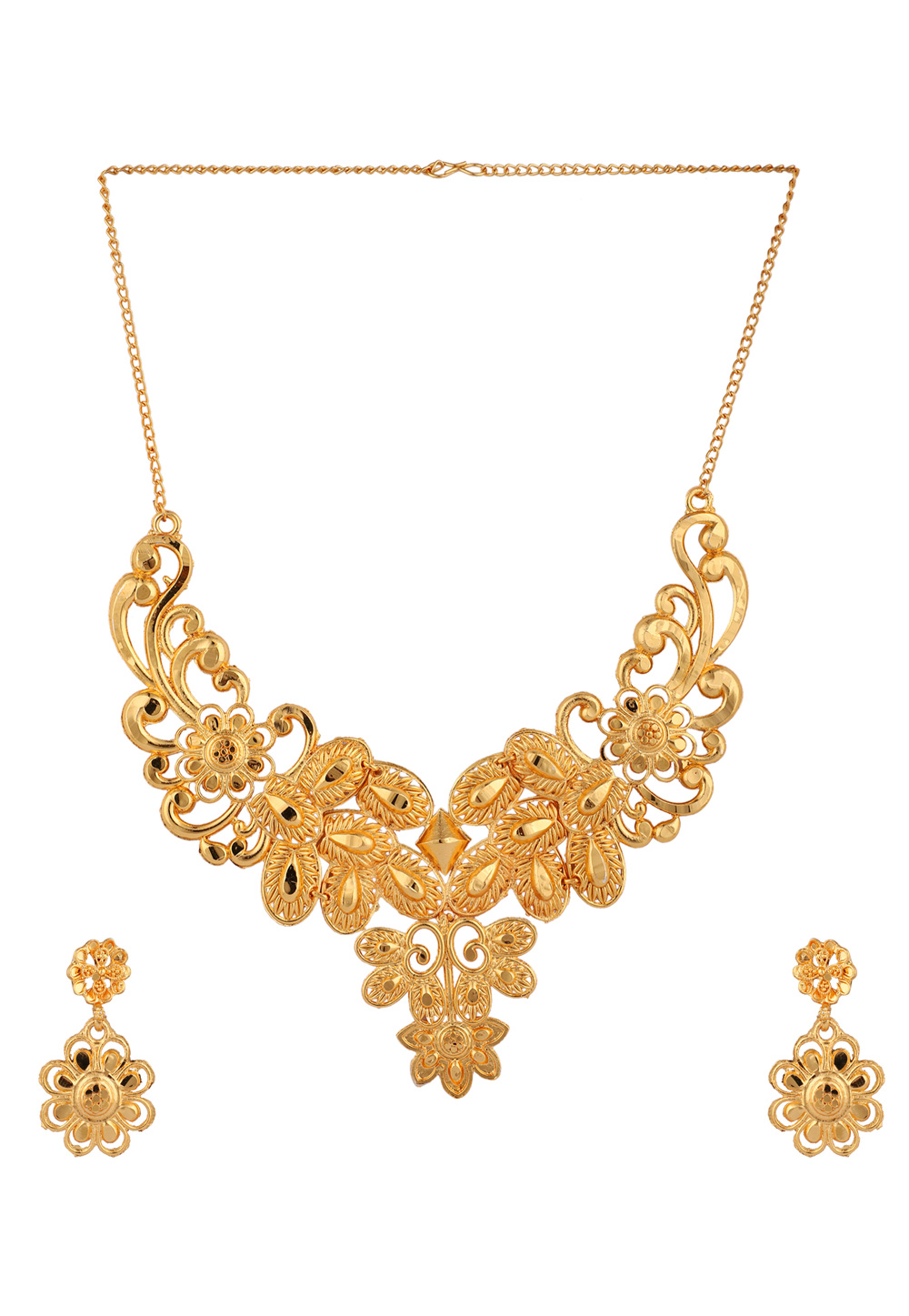 Golden Alloy Necklace Set With Earrings 224657