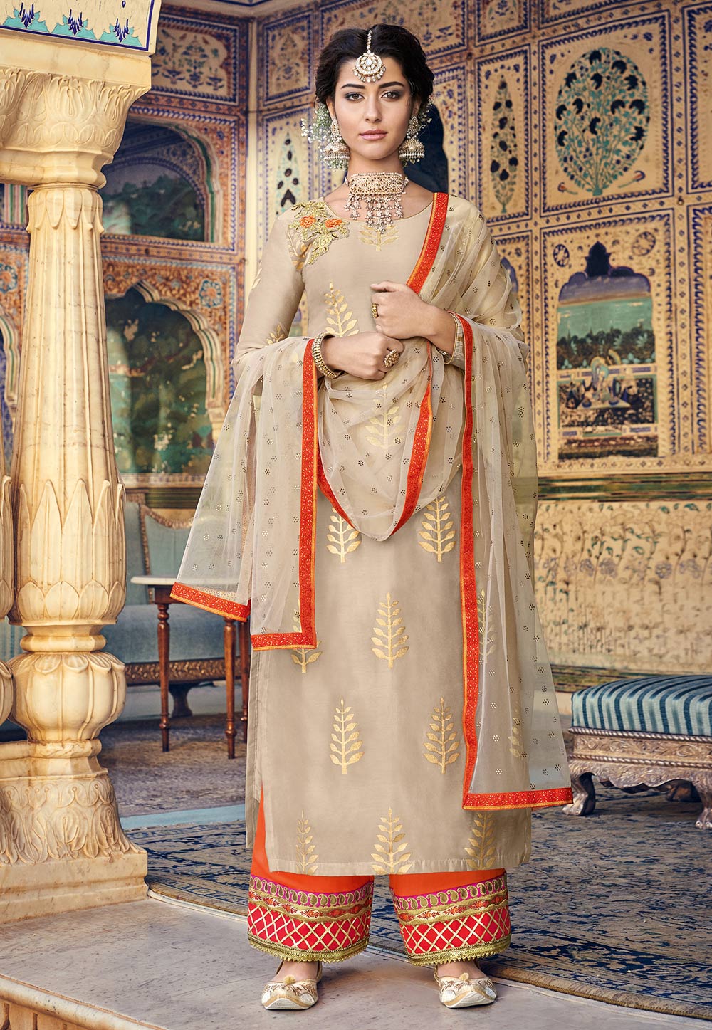 Beige Chanderi Palazzo Suit 184606
