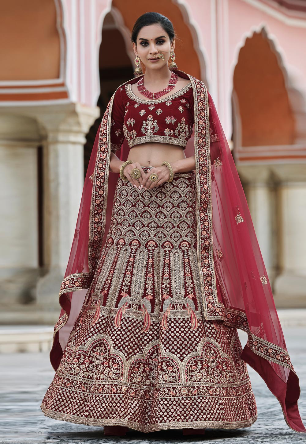 Maroon Velvet Embroidered Bridal Lehenga Choli 237154
