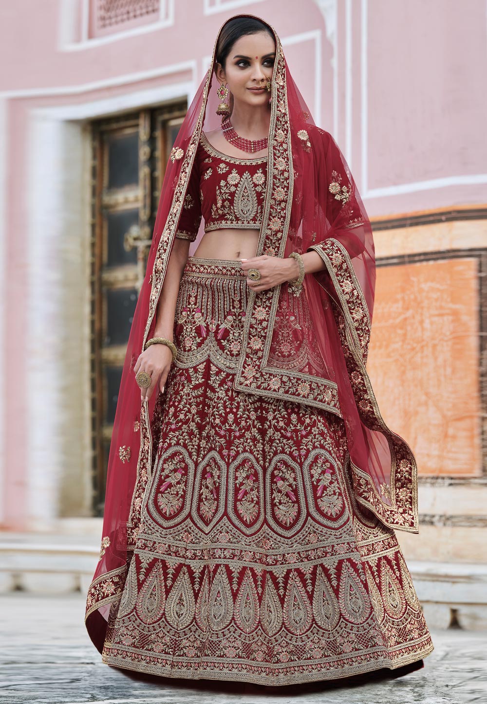 Maroon Velvet Embroidered Bridal Lehenga Choli 237158