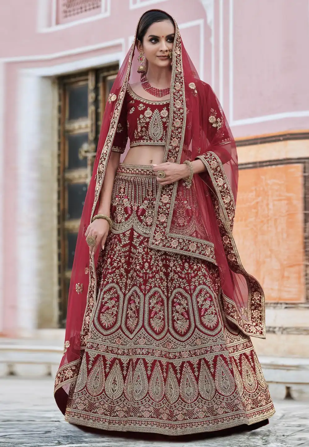 Maroon Velvet Embroidered Bridal Lehenga Choli 237158
