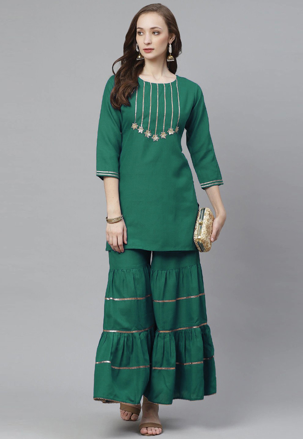 Green Rayon Kurta Set With Sharara 266907
