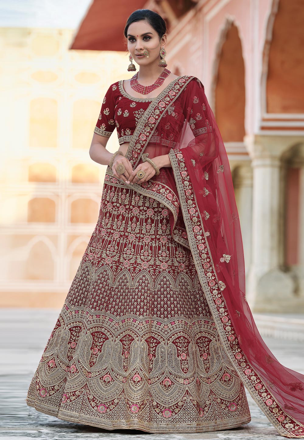 Maroon Velvet Embroidered Bridal Lehenga Choli 237162