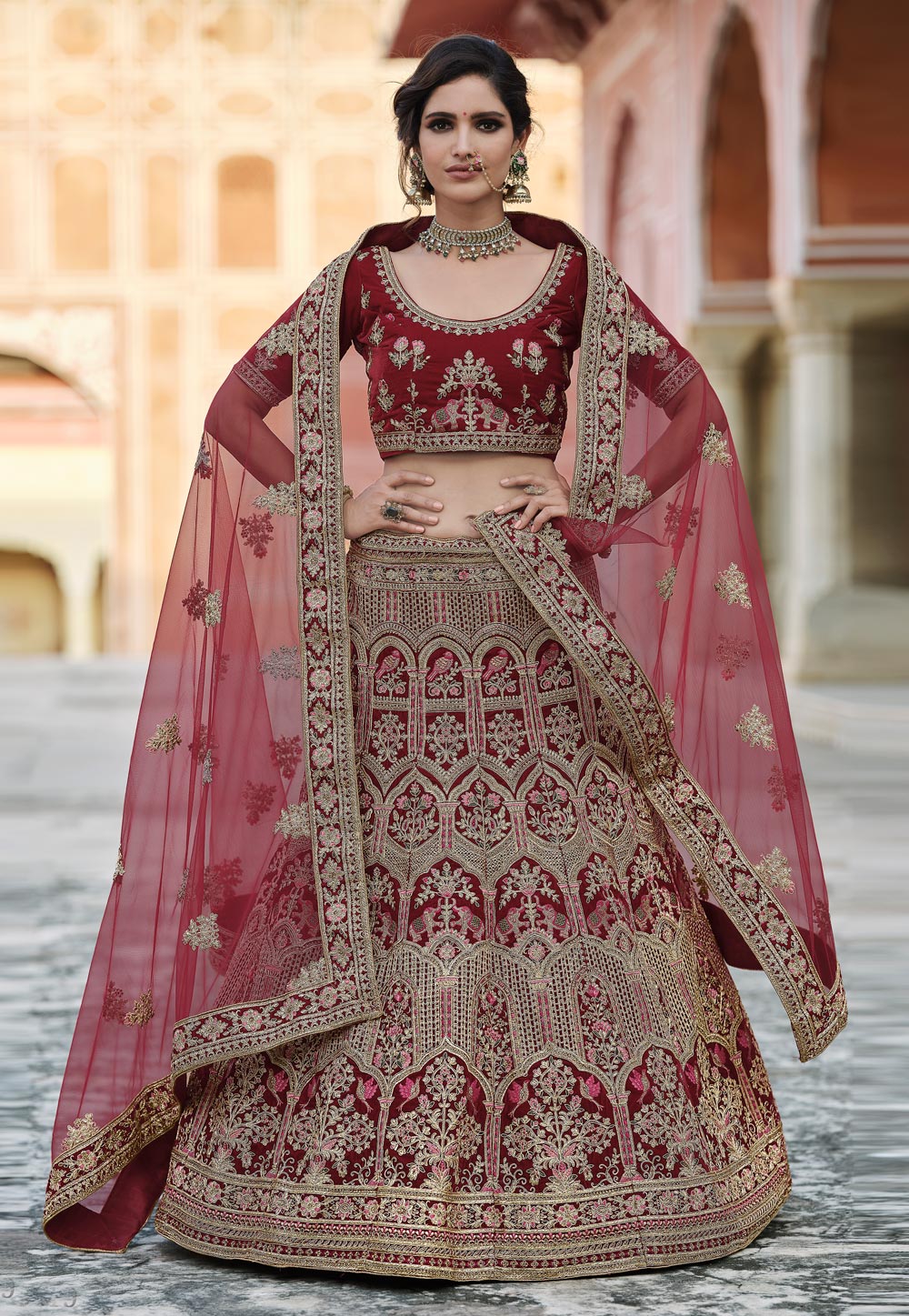 Maroon Velvet Embroidered Bridal Lehenga Choli 237164