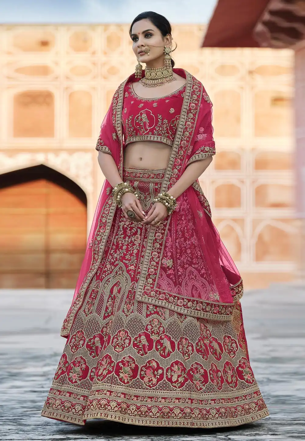 Pink Velvet Embroidered Bridal Lehenga Choli 237167