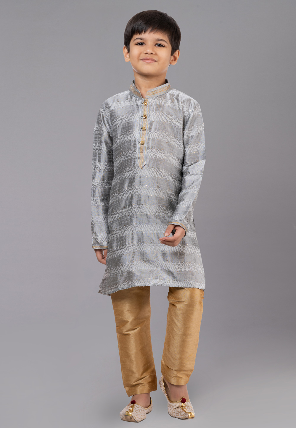 Grey Polyster Readymade Kids Kurta Pajama 260656