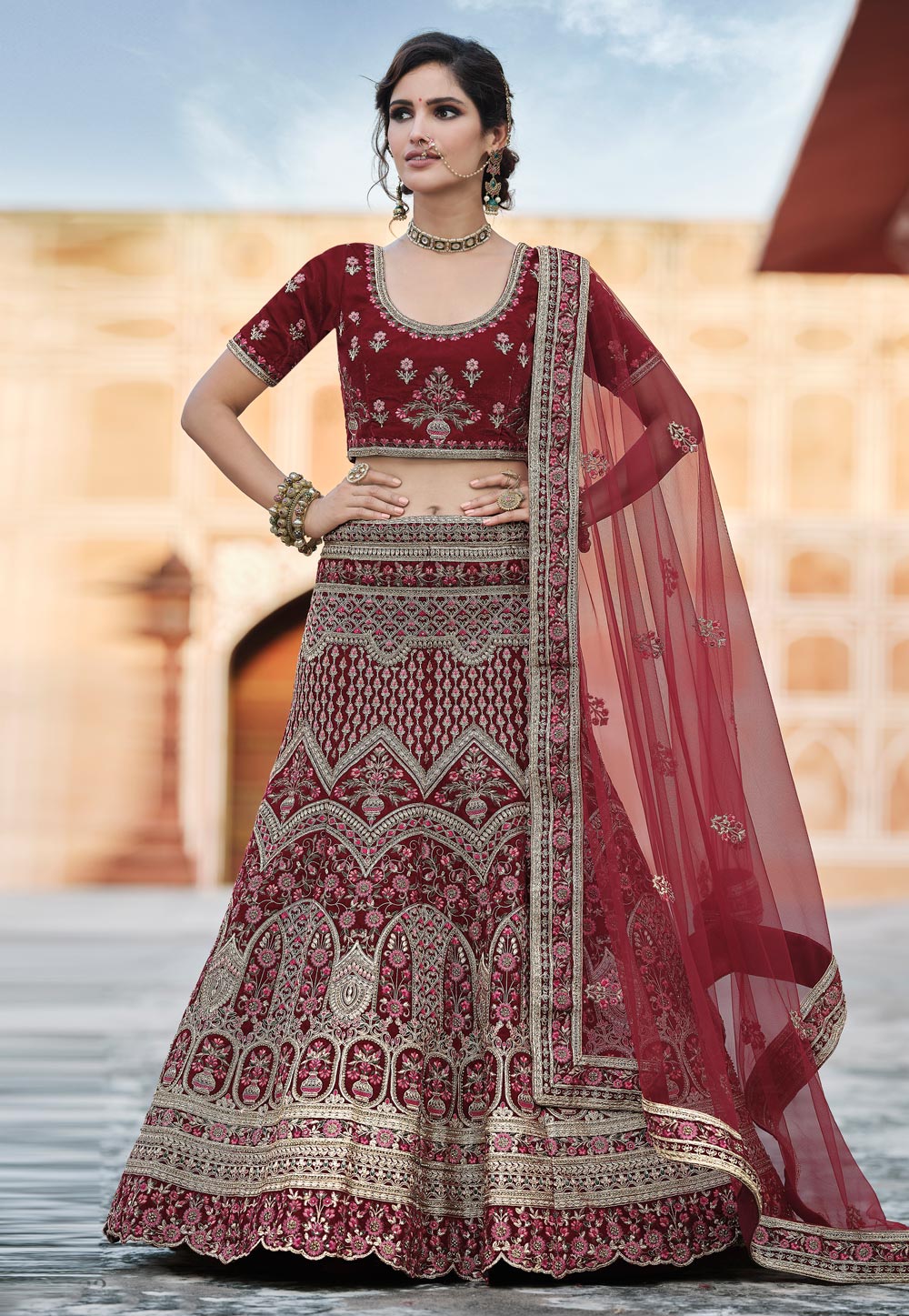 Maroon Velvet Embroidered Bridal Lehenga Choli 237168