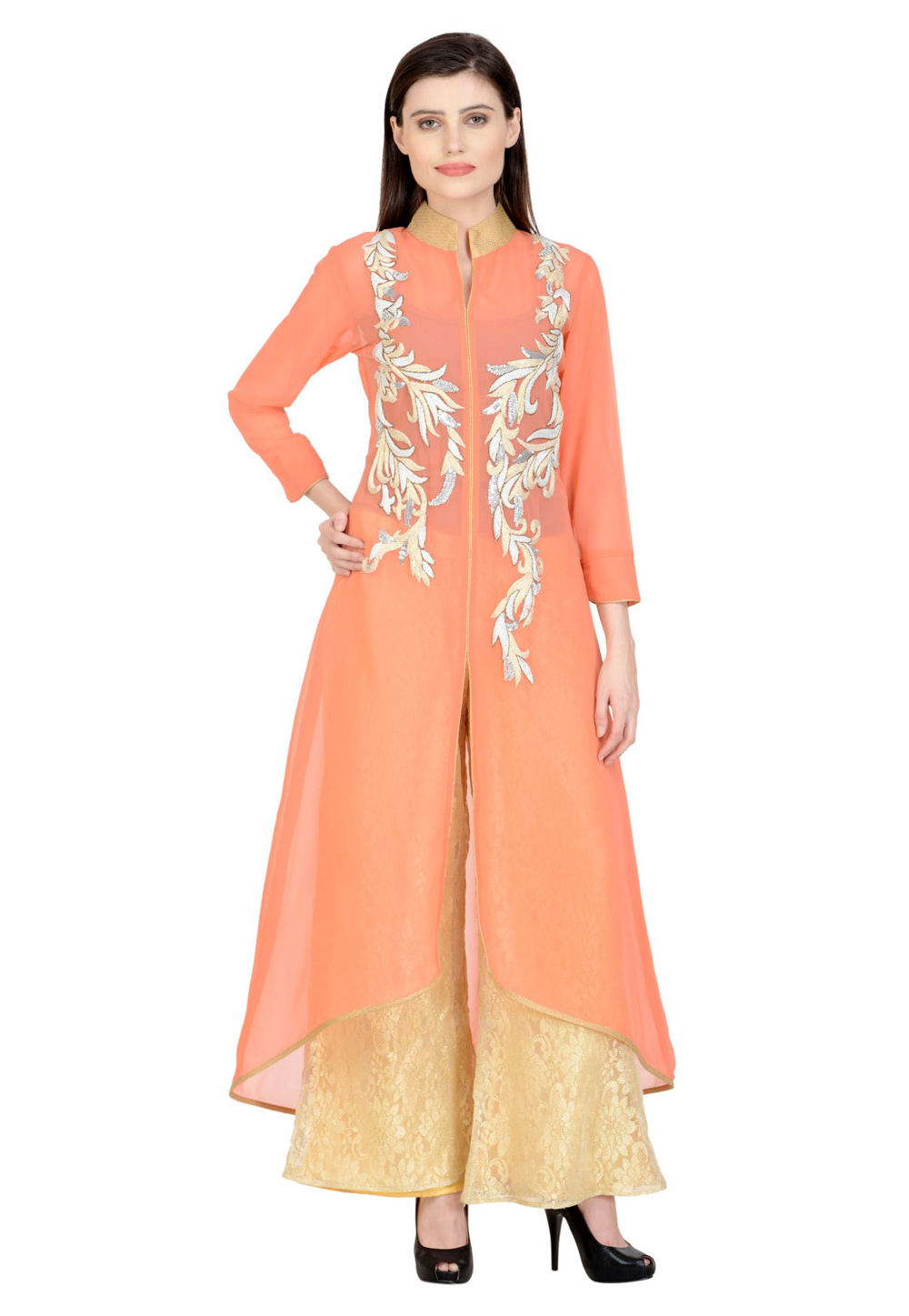 Peach Georgette Kurta Set With Palazzo 267134