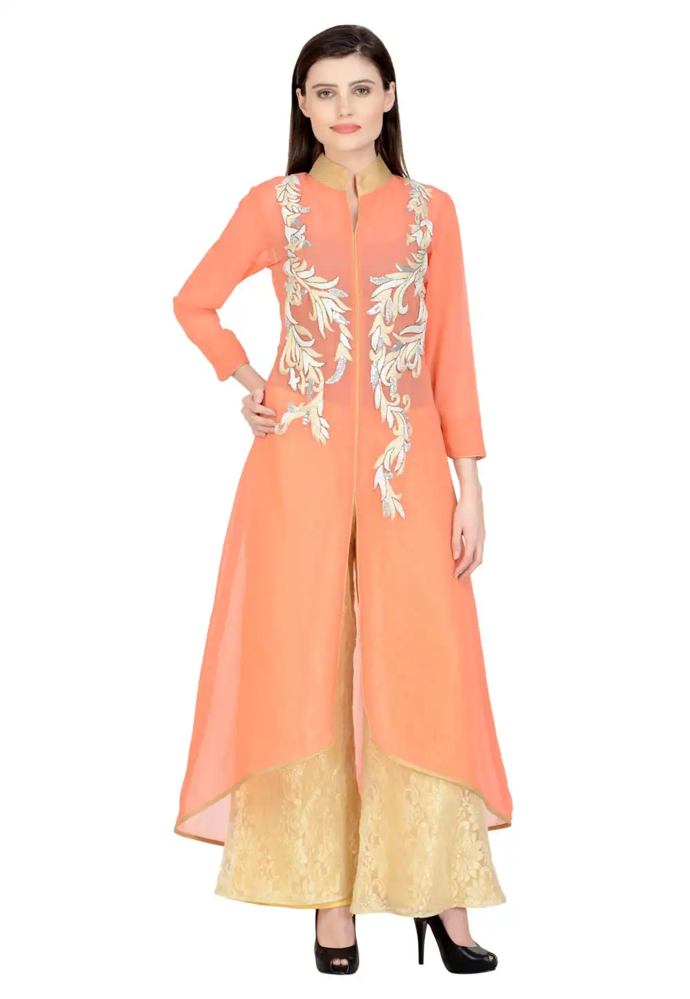 Peach Georgette Kurta Set With Palazzo 267134