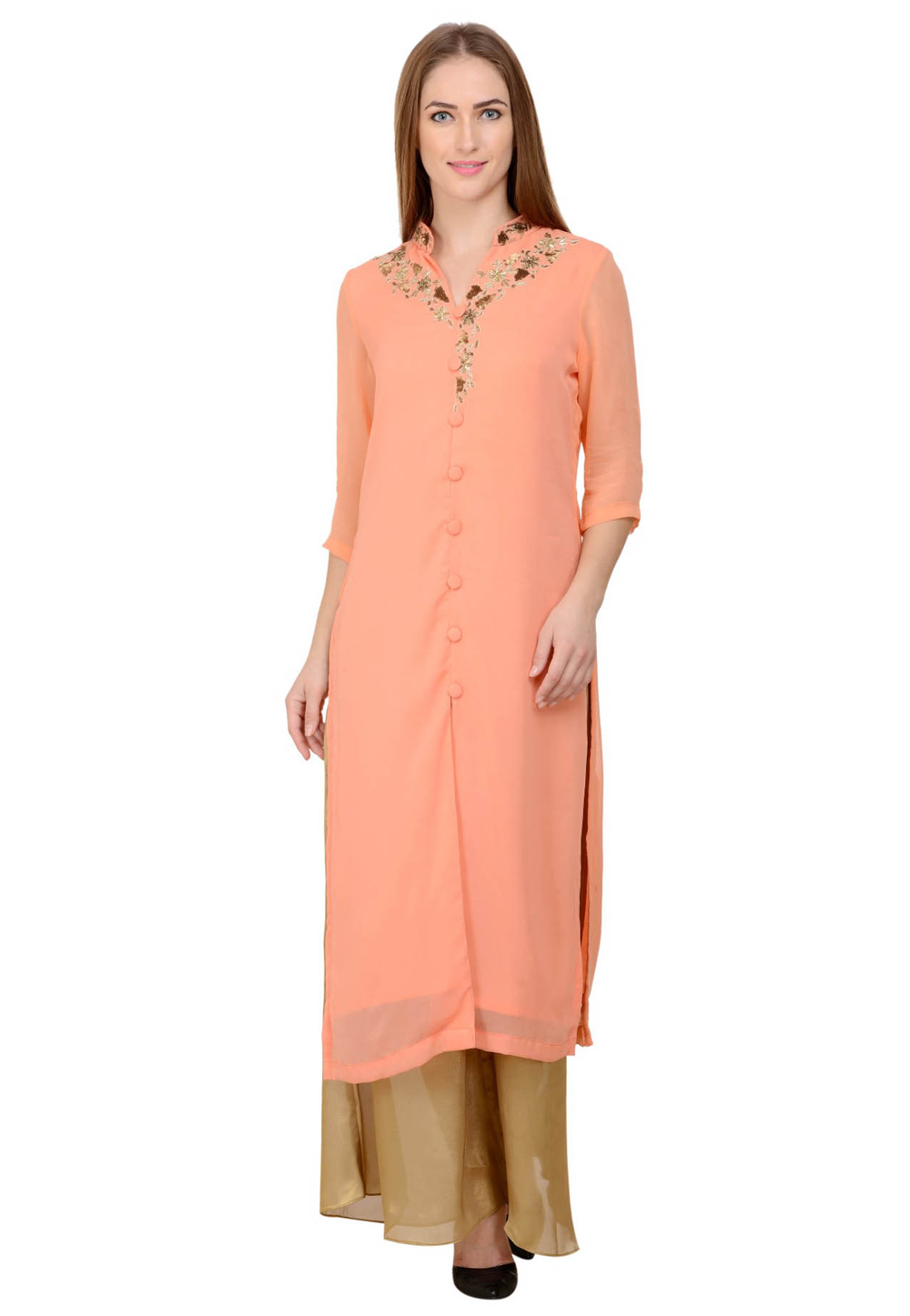 Peach Georgette Kurta Set With Palazzo 267136