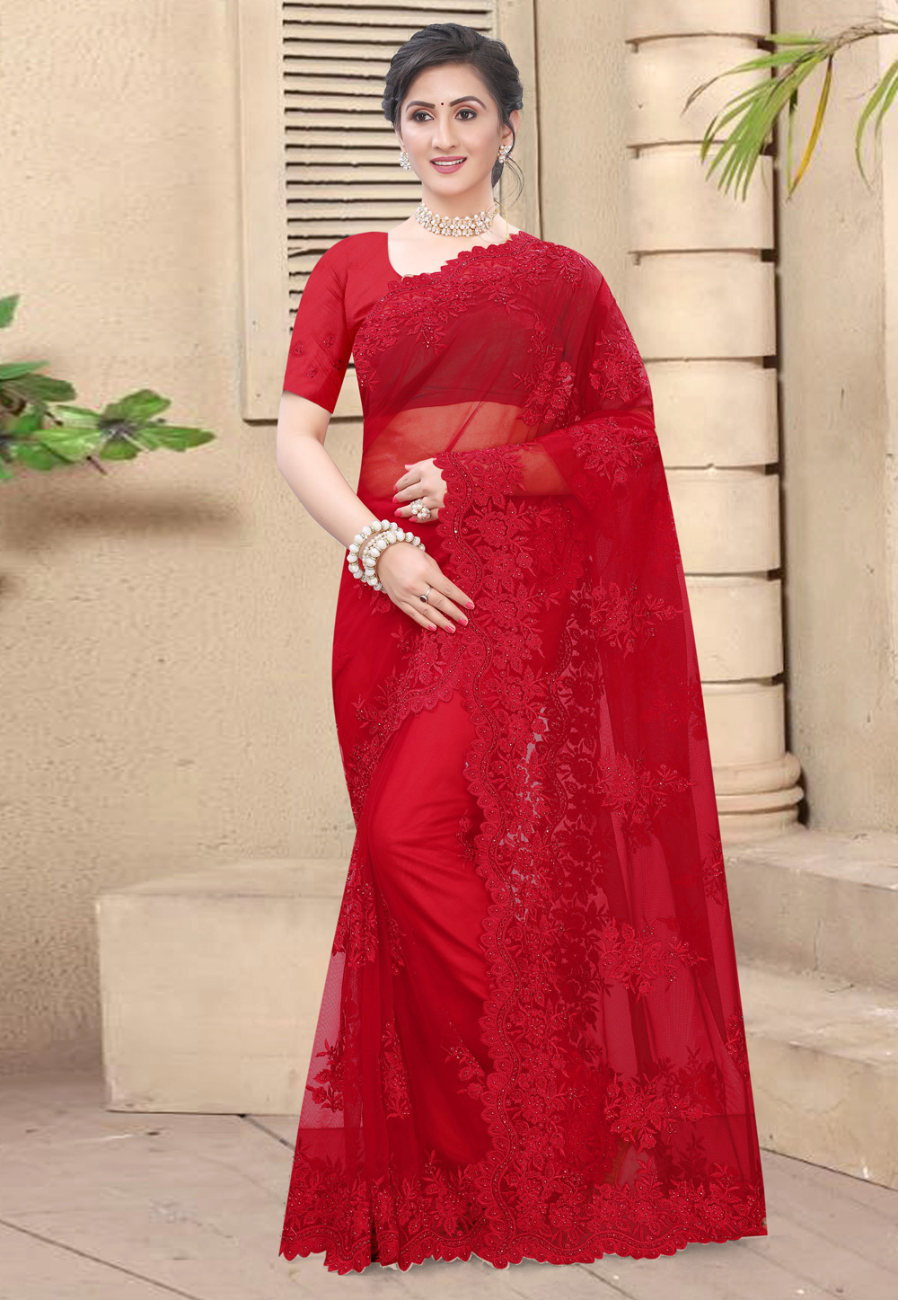 Red Net Festival Wear Saree 218596