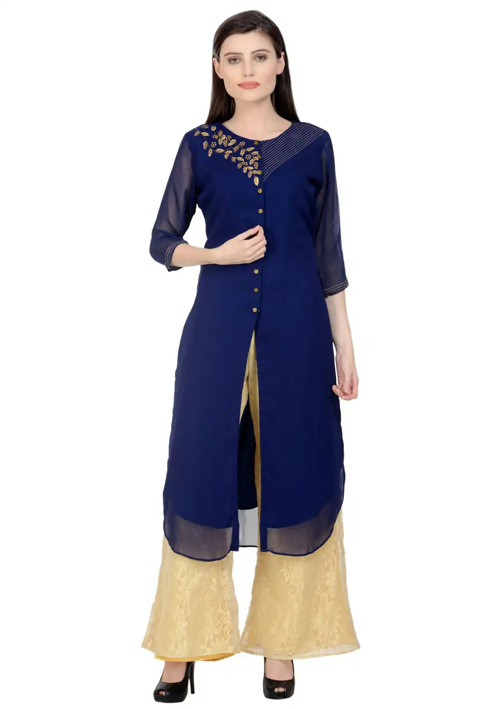 Navy Blue Georgette Kurta Set With Palazzo 267141