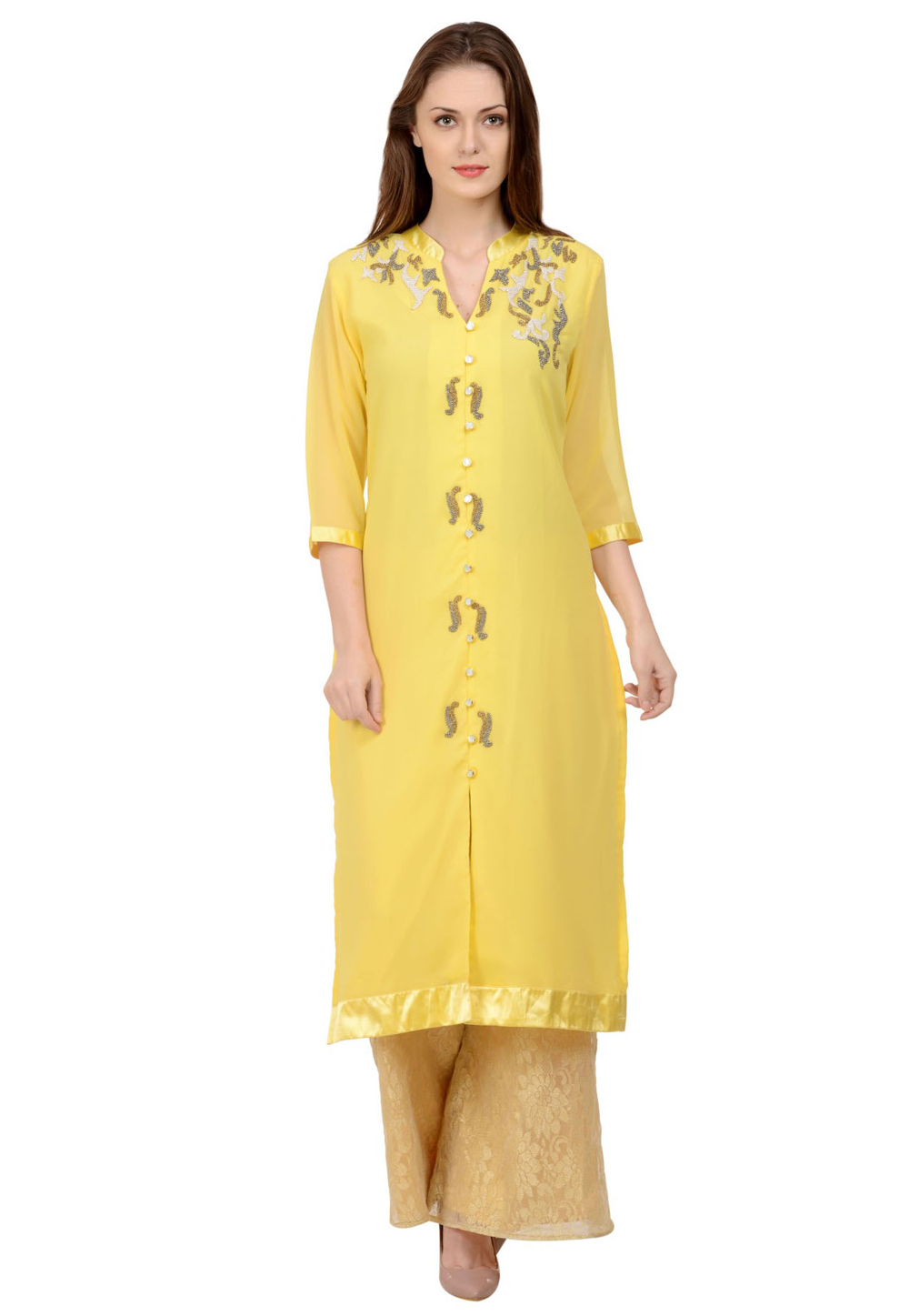 Yellow Georgette Kurta Set With Palazzo 267144