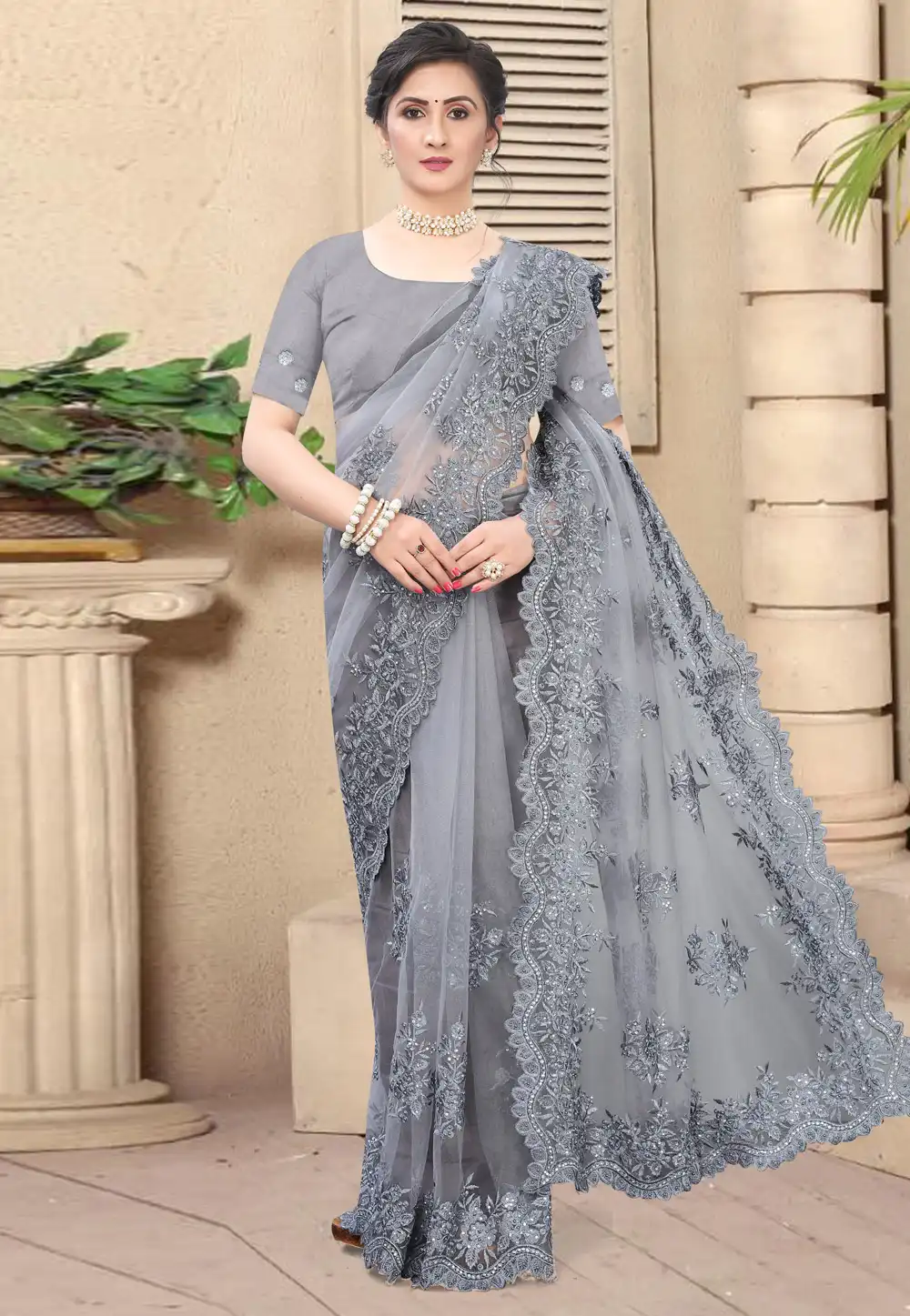 Grey Net Festival Wear Saree 218598