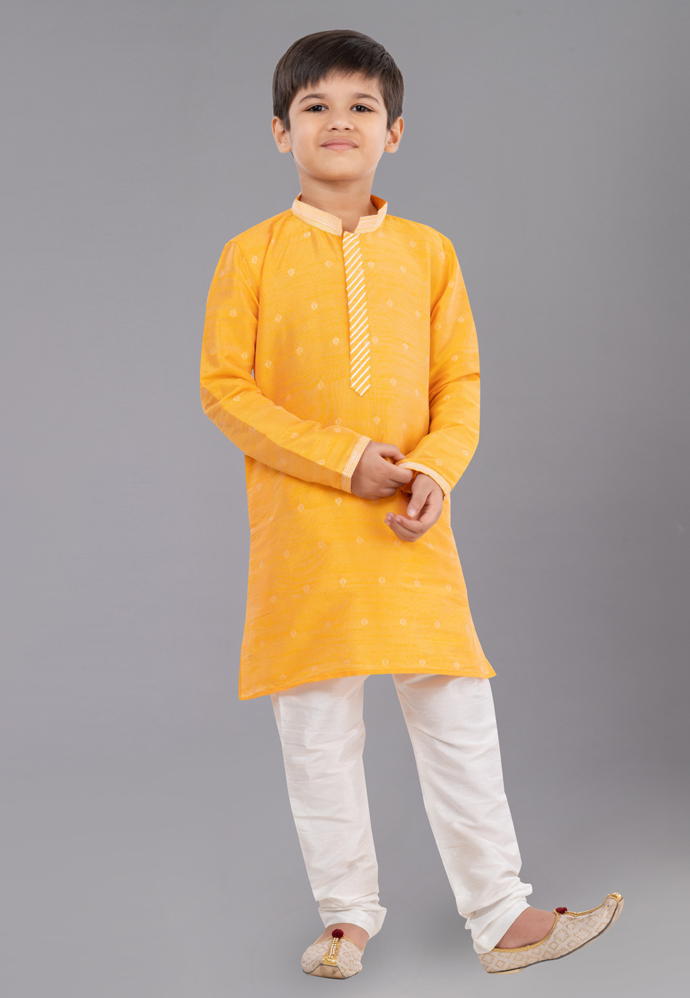 Yellow Dupion Silk Readymade Kids Kurta Pajama 260659