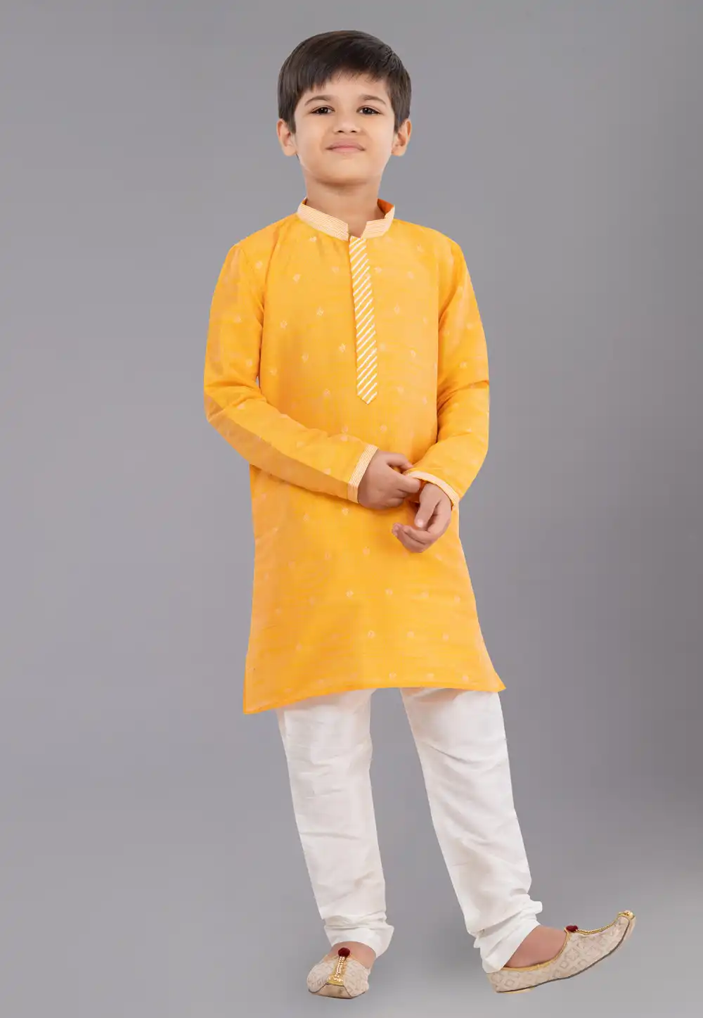 Yellow Dupion Silk Readymade Kids Kurta Pajama 260659