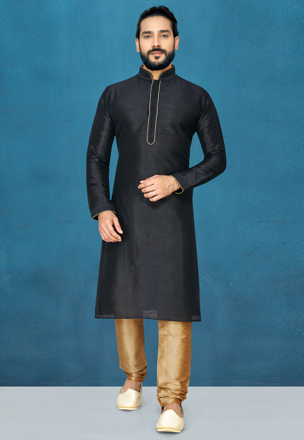Black Raw Silk Readymade Kurta Pajama 185683