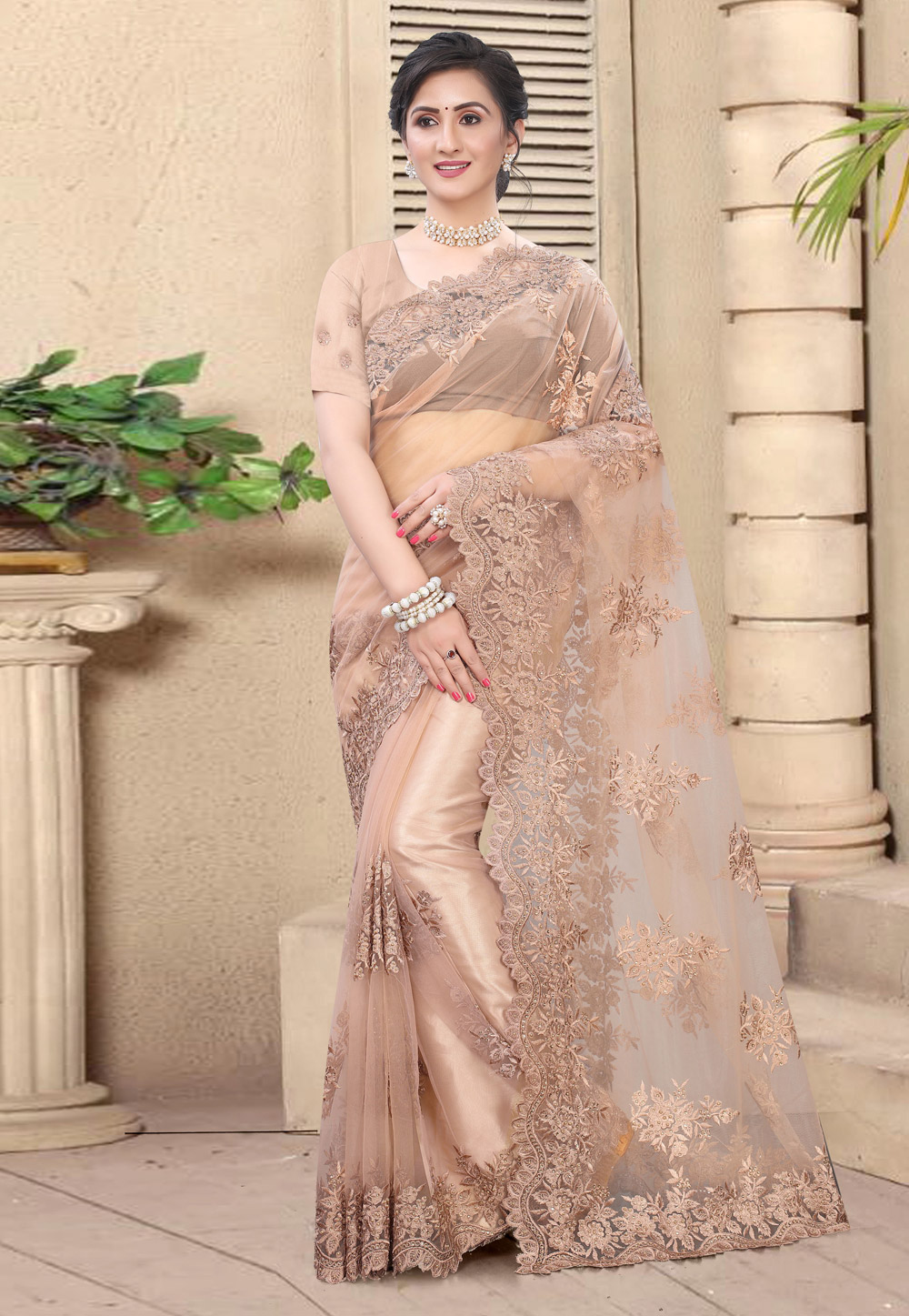 Peach Net Festival Wear Saree 218600