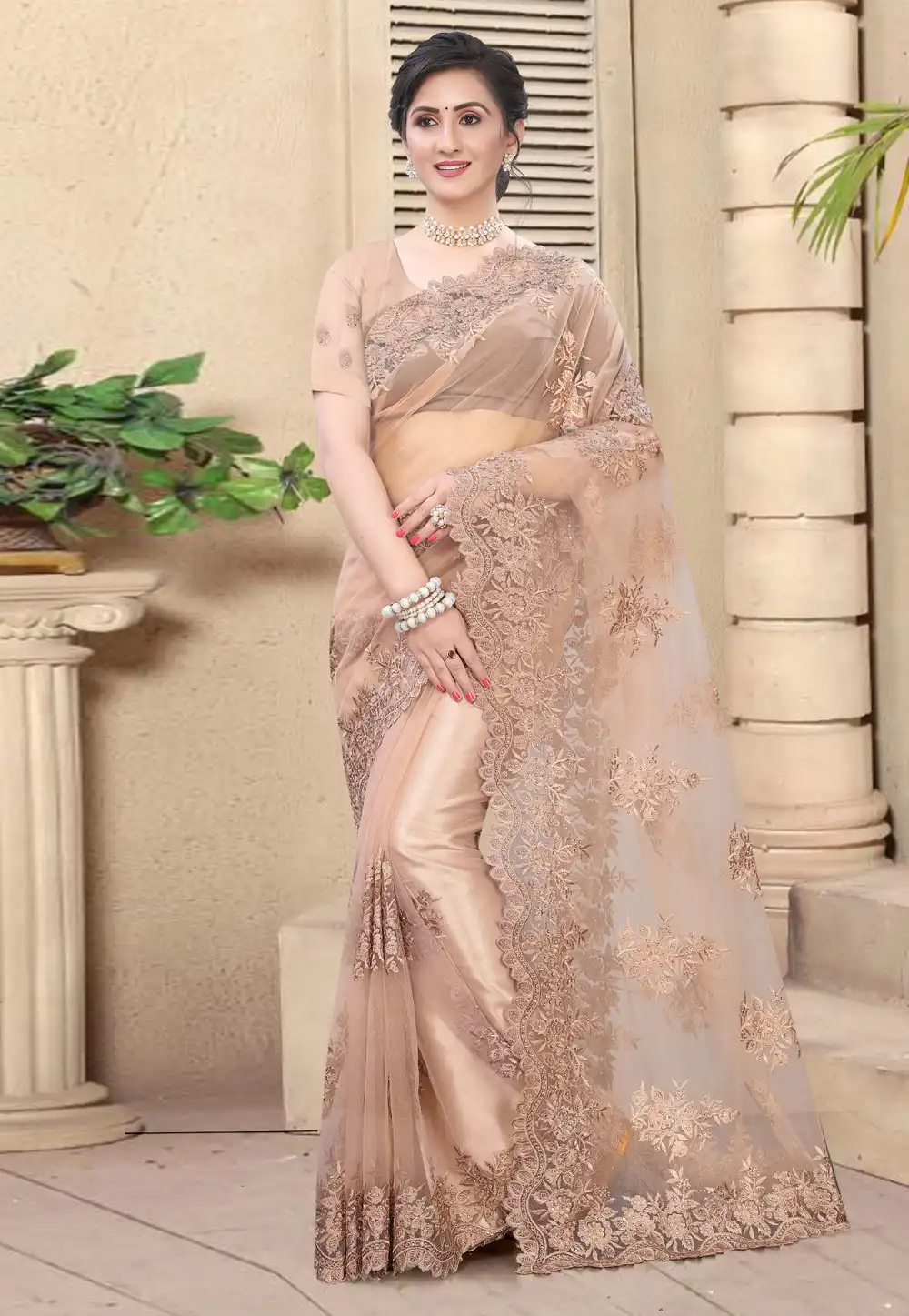 Peach Net Festival Wear Saree 218600