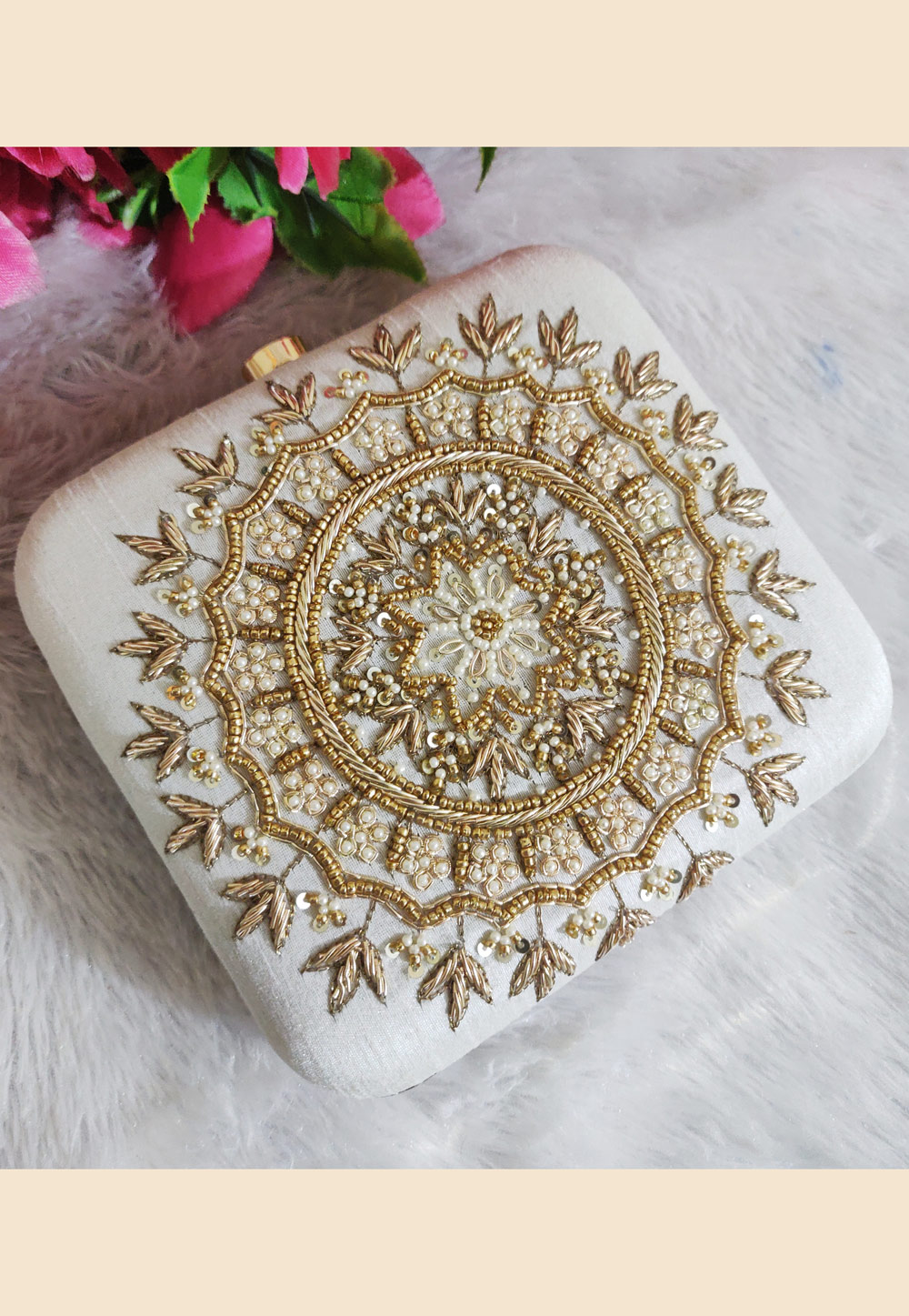 Off White Synthetic Embroidered Clutch 188062