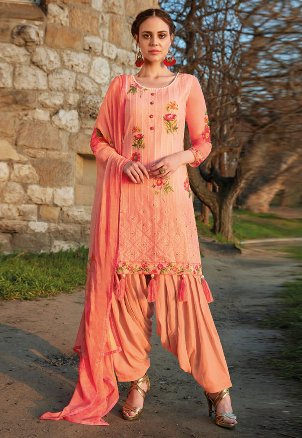 Peach Cotton Patiala Suit 154861