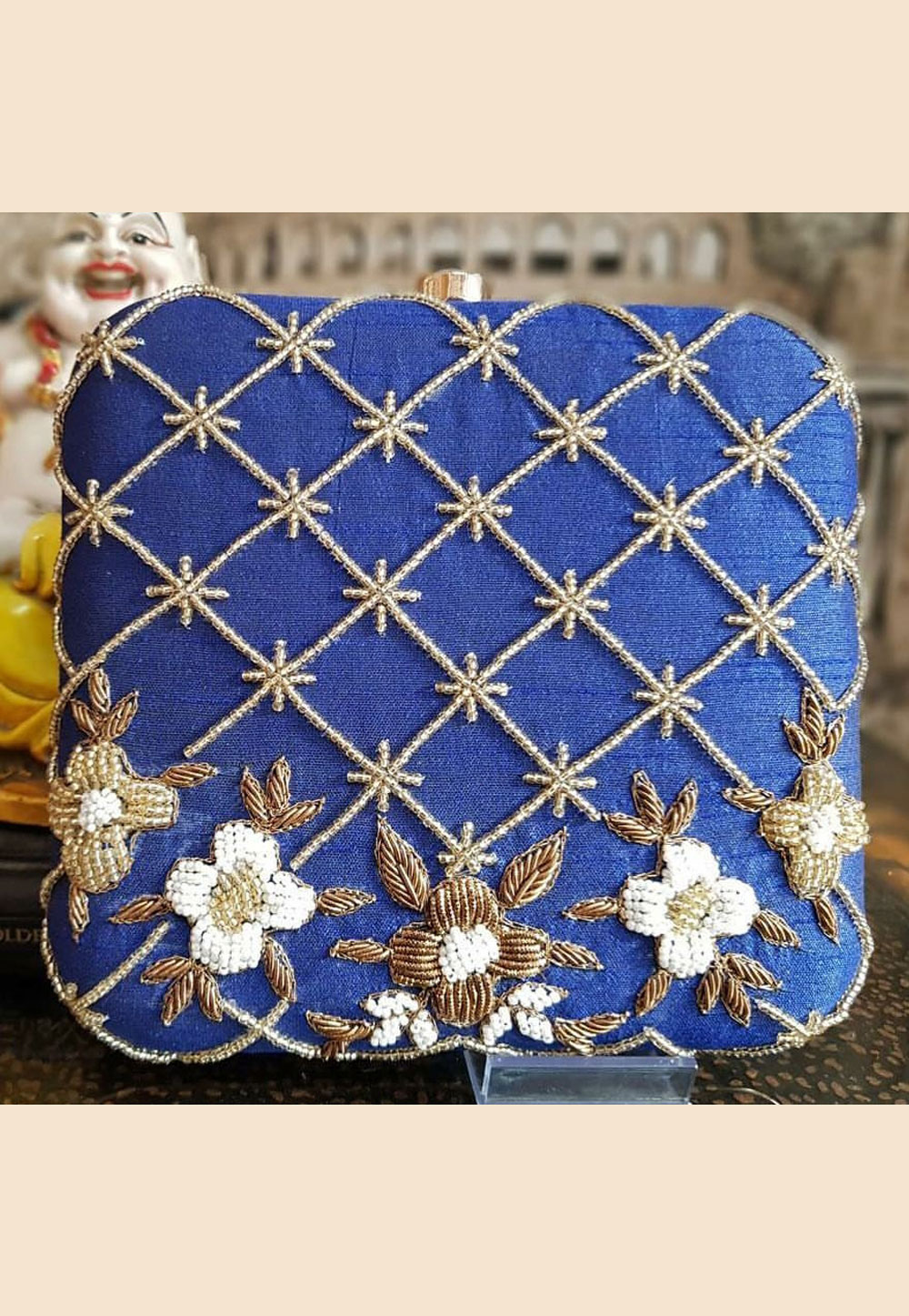Blue Synthetic Embroidered Clutch 187946