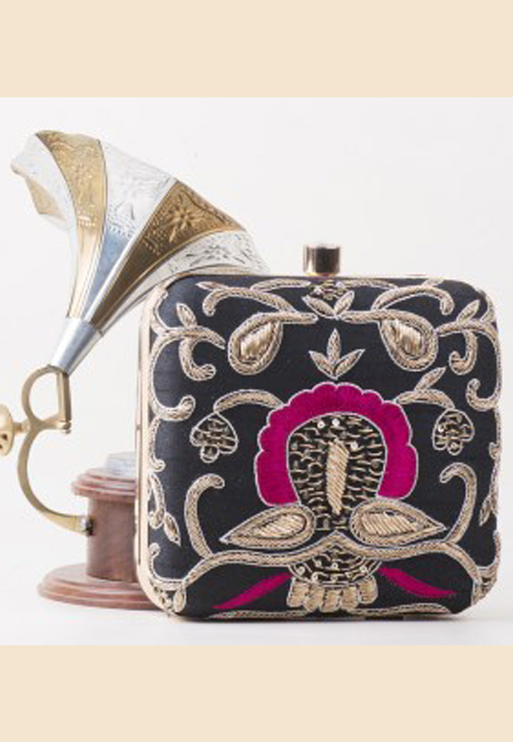 Black Synthetic Embroidered Clutch 187955