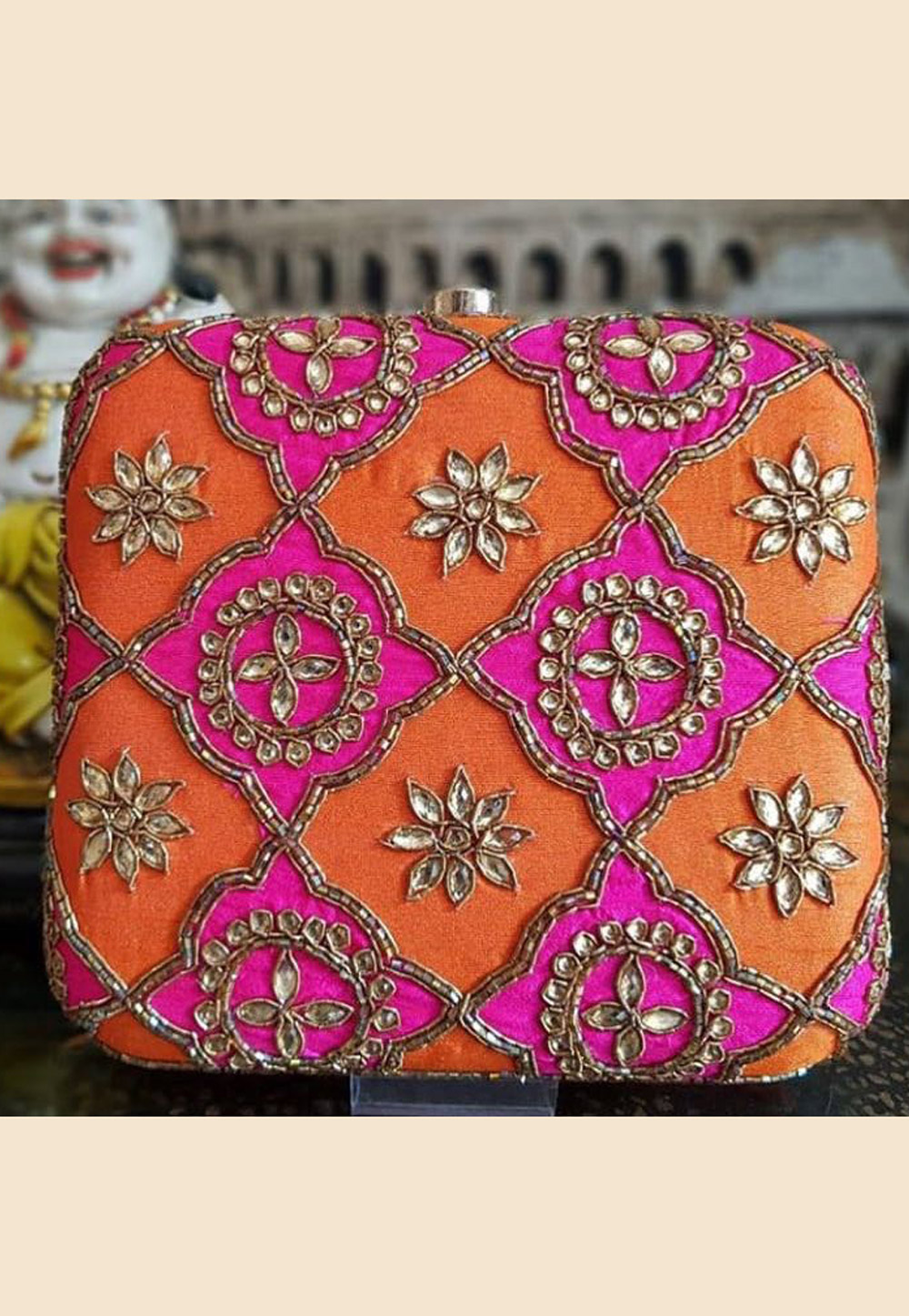 Orange Synthetic Embroidered Clutch 187966