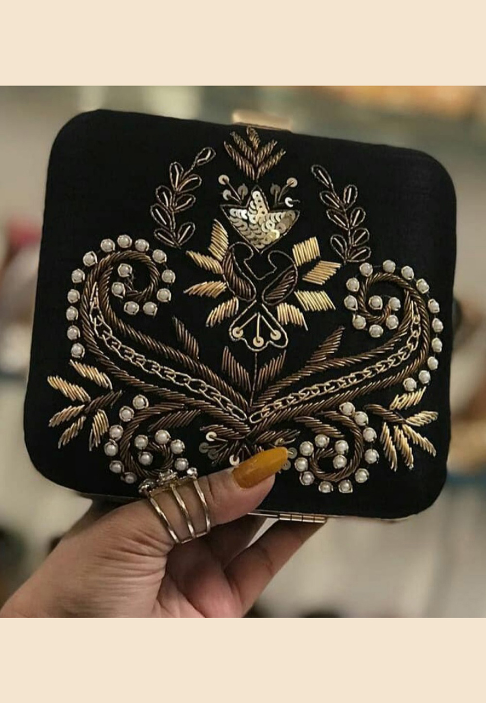 Black Synthetic Embroidered Clutch 187971