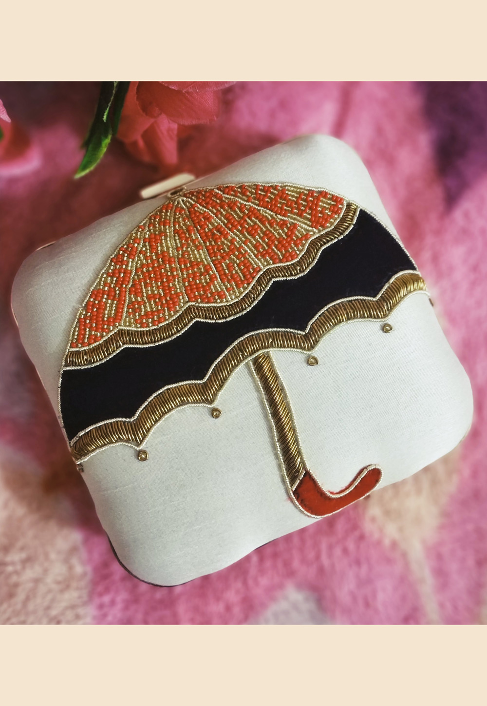 Off White Synthetic Embroidered Clutch 187973