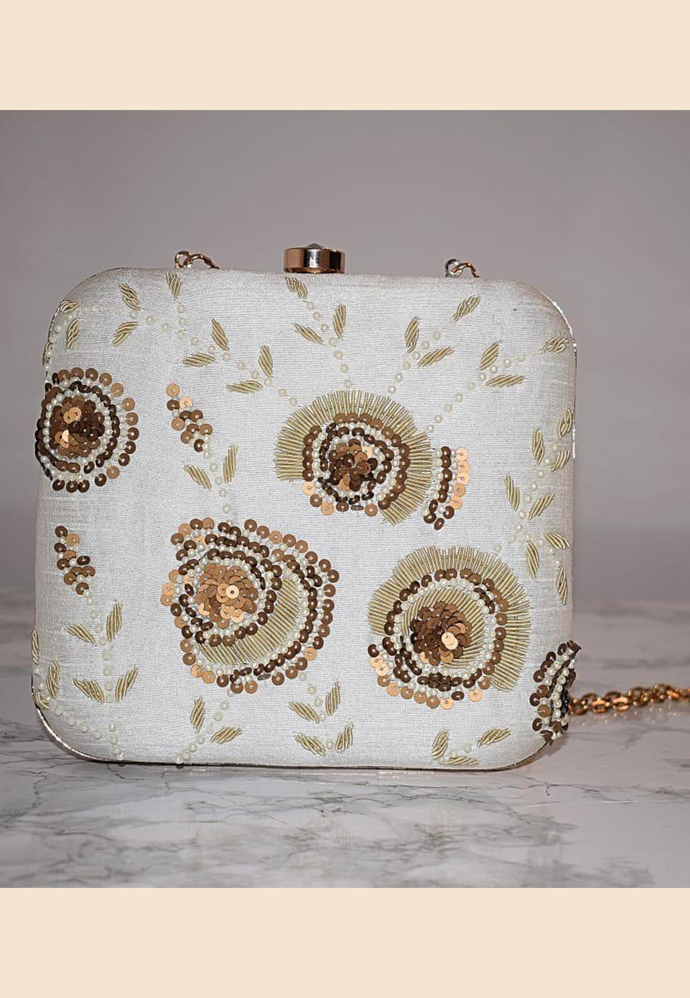 Off White Synthetic Embroidered Clutch 187974