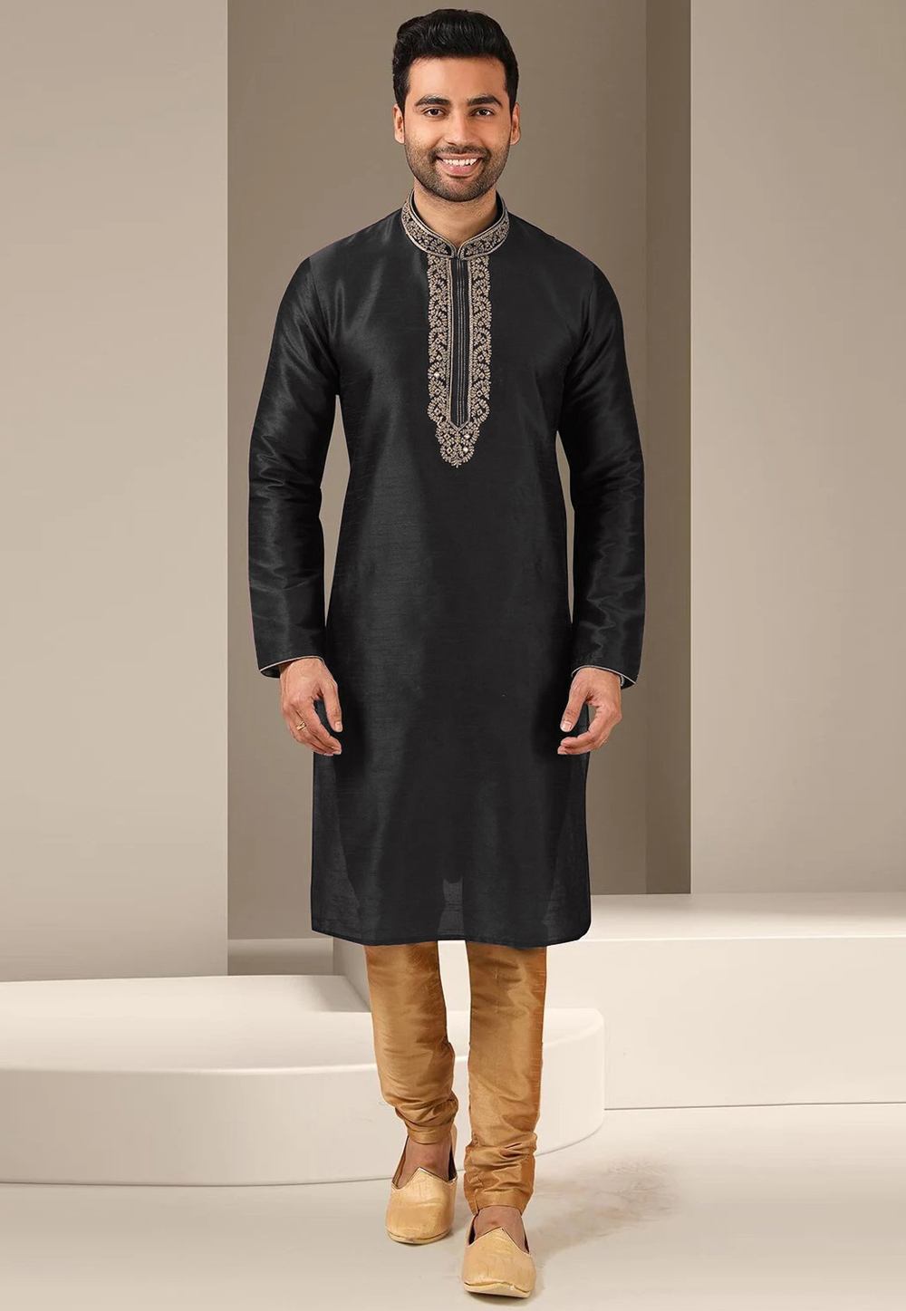 Black Dupion Silk Kurta Pajama 270161