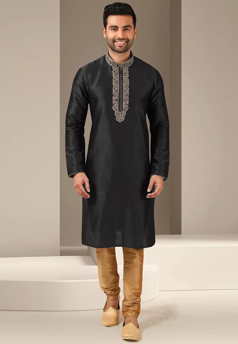 Black Dupion Silk Kurta Pajama 270161