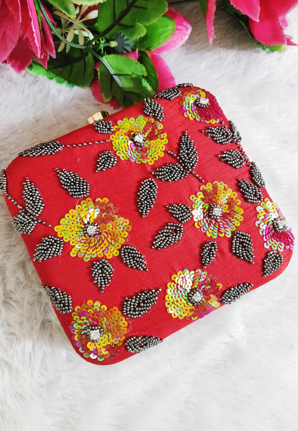 Red Synthetic Embroidered Clutch 188273