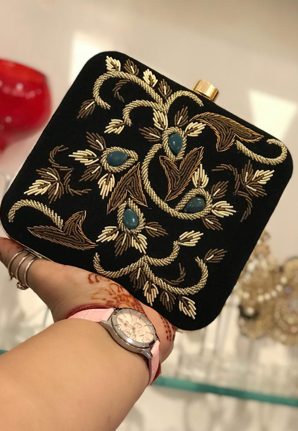 Black Synthetic Embroidered Clutch 188279