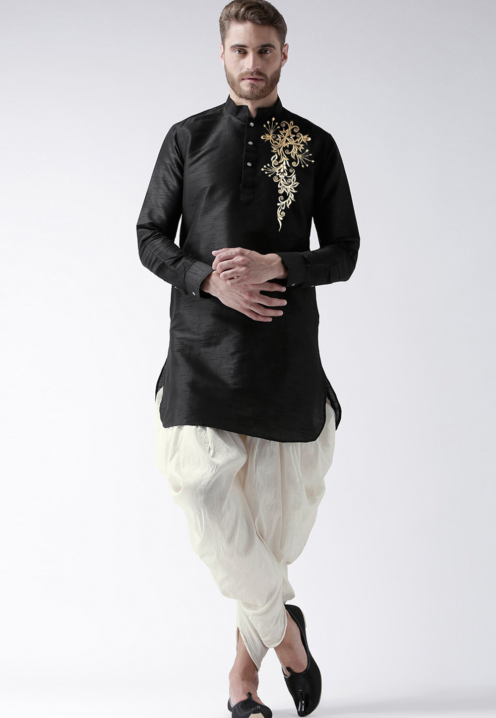 Black Dupion Silk Dhoti Kurta 270164
